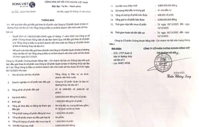 THÔNG BÁO KẾT QUẢ BÁN ĐẤU GIÁ CÔNG KHAI CẢ LÔ CỔ PHẦN